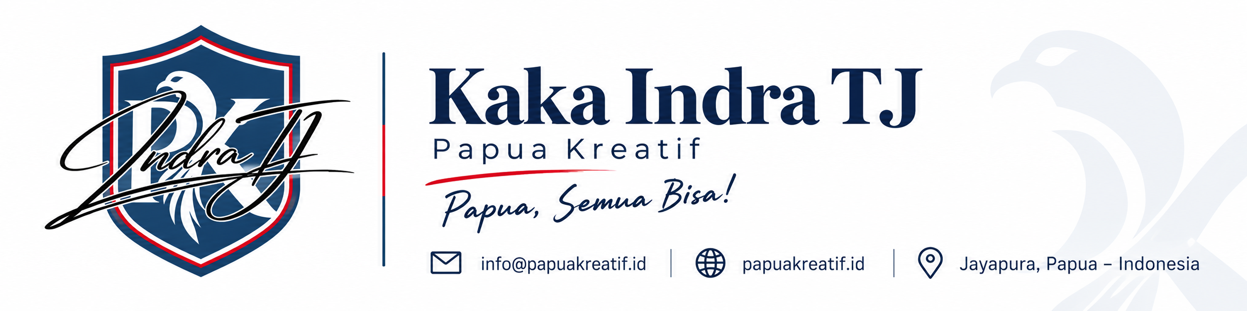 Signature bisnis Kaka Indra TJ — Papua Kreatif · info@papuakreatif.id